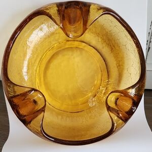Vintage Mid Century Viking Art Crackle Amber Glass Bowl Ash Cigar Tray